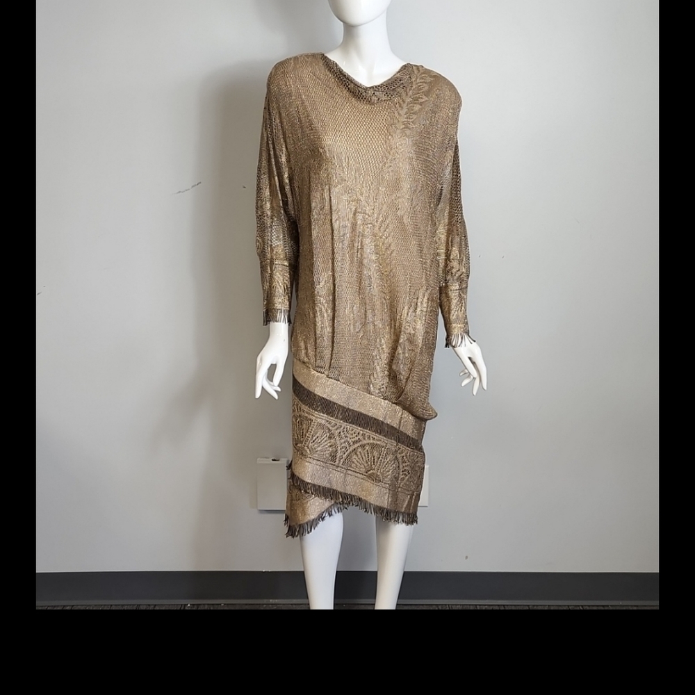 Vintage Neiman Marcus Dress by Damianou Gold Drop Waist Size Large 80's